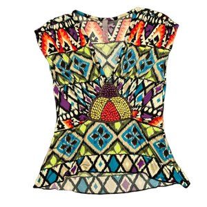 SOLD Paper Doll Aztec Print V-Neck Women's Top with Wooden Beads Size XS NWT